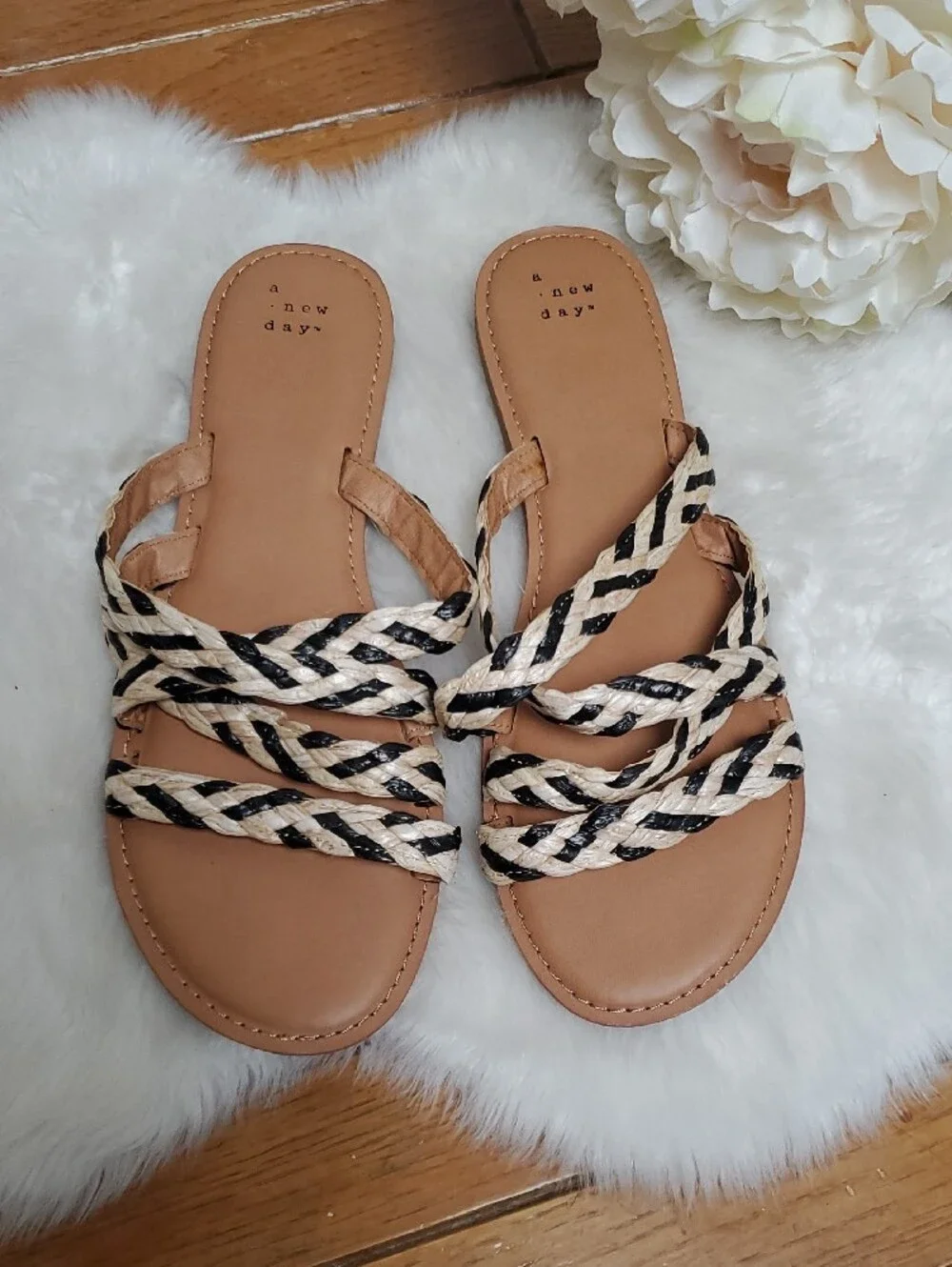 a new day Tan Footbed Braided Slide Sandals with Black and Tan Straps